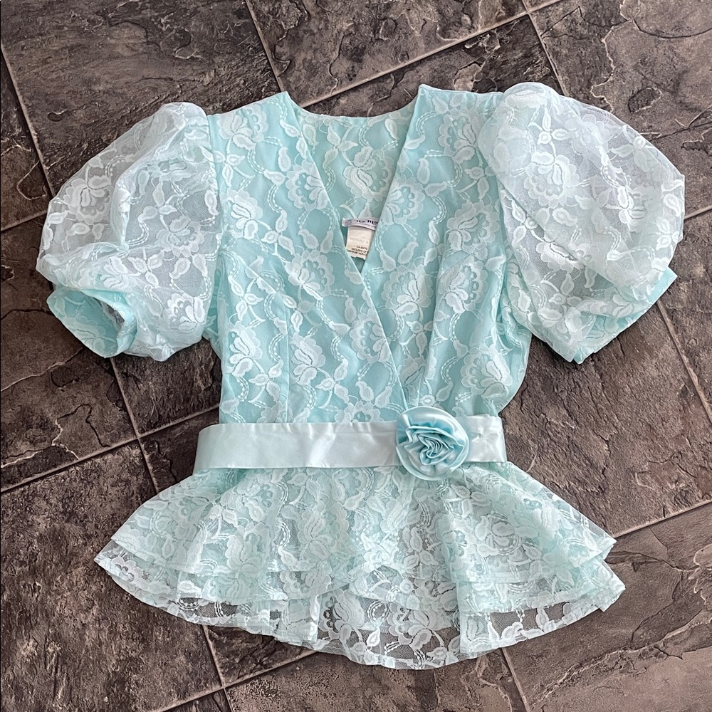 Vintage Lace Puff Sleeve 80s Peplum Top Aqua Blue Rosette Belt Fairy Coquette